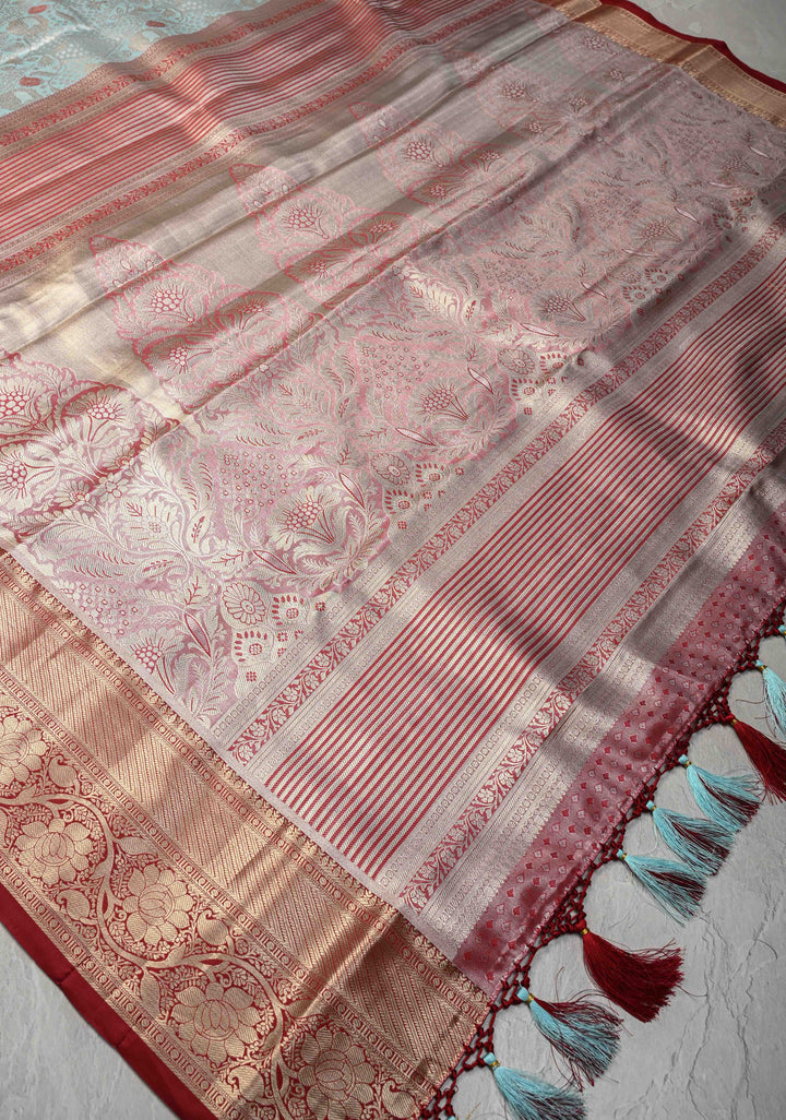 Powder Blue Kanjivaram Tissue Semi Silk Saree with Meenakari Floral Brocade and Contrast Zari Border