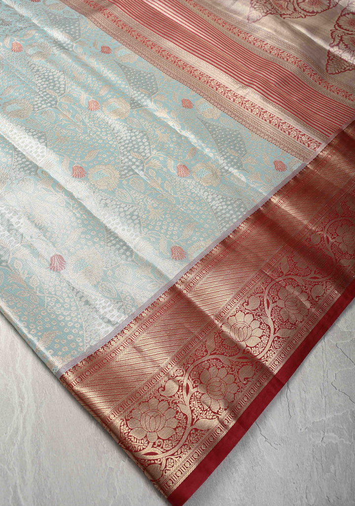 Powder Blue Kanjivaram Tissue Semi Silk Saree with Meenakari Floral Brocade and Contrast Zari Border
