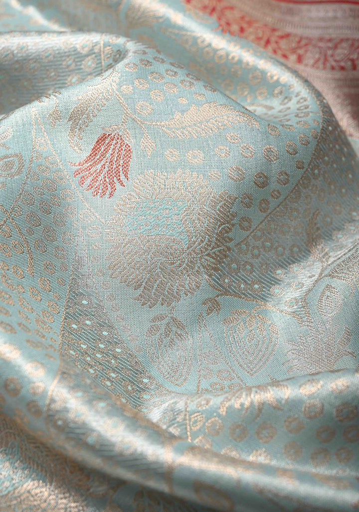 Powder Blue Kanjivaram Tissue Semi Silk Saree with Meenakari Floral Brocade and Contrast Zari Border