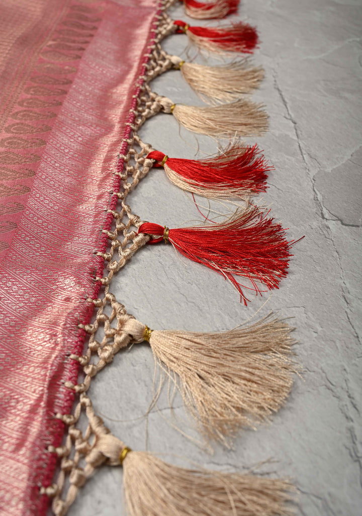 Sage Green Brocade on Kanjivaram Tissue Semi Silk Saree with Meenakari Buttas and Contrast Zari Border