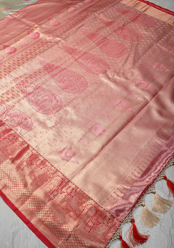 Sage Green Brocade on Kanjivaram Tissue Semi Silk Saree with Meenakari Buttas and Contrast Zari Border
