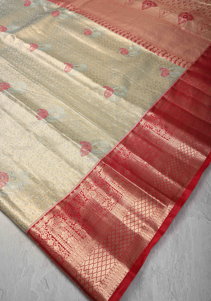 Sage Green Brocade on Kanjivaram Tissue Semi Silk Saree with Meenakari Buttas and Contrast Zari Border