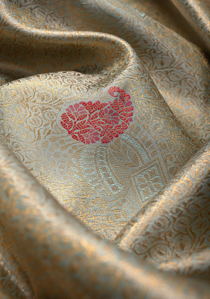 Sage Green Brocade on Kanjivaram Tissue Semi Silk Saree with Meenakari Buttas and Contrast Zari Border