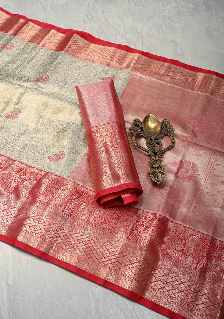 Sage Green Brocade on Kanjivaram Tissue Semi Silk Saree with Meenakari Buttas and Contrast Zari Border