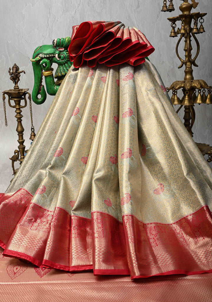 Sage Green Brocade on Kanjivaram Tissue Semi Silk Saree with Meenakari Buttas and Contrast Zari Border