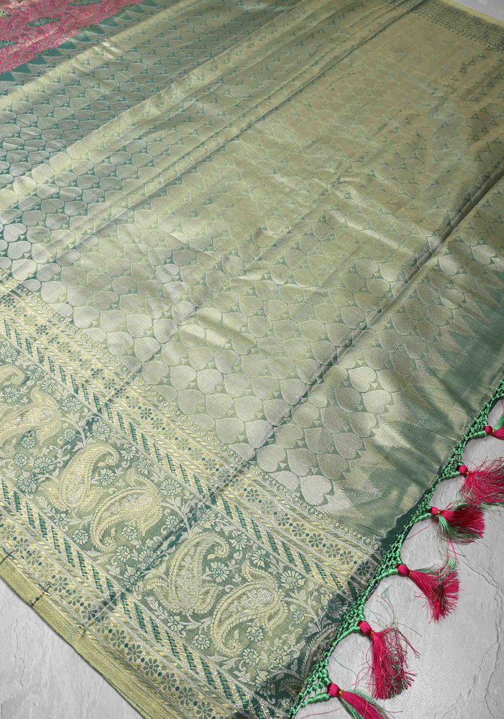 Pink Kanjivaram Tissue Semi Silk Saree with Brocade and Contrast Zari Border
