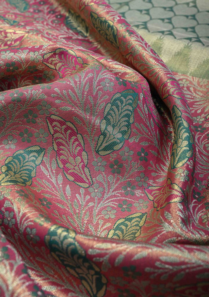 Pink Kanjivaram Tissue Semi Silk Saree with Brocade and Contrast Zari Border