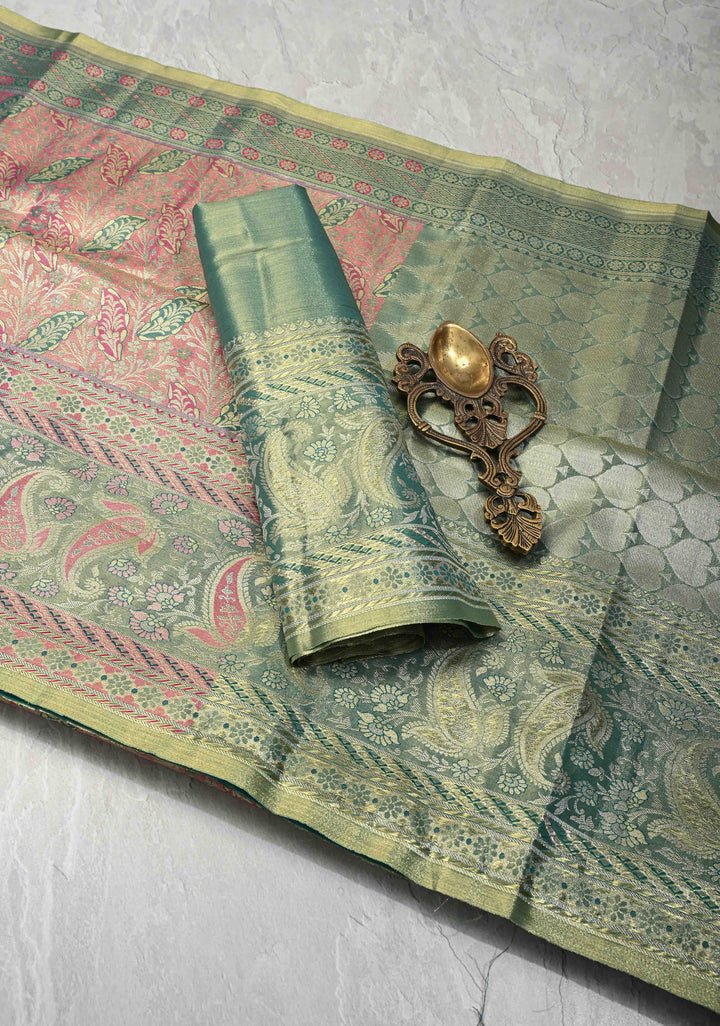 Pink Kanjivaram Tissue Semi Silk Saree with Brocade and Contrast Zari Border