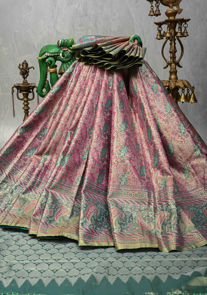 Pink Kanjivaram Tissue Semi Silk Saree with Brocade and Contrast Zari Border