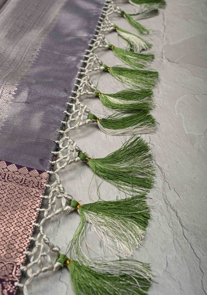 Fern Green Meenakari Kanjivaram Brocade Tissue Semi Silk Saree with Contrast Zari Border