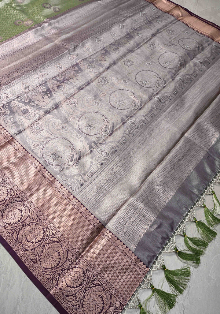 Fern Green Meenakari Kanjivaram Brocade Tissue Semi Silk Saree with Contrast Zari Border