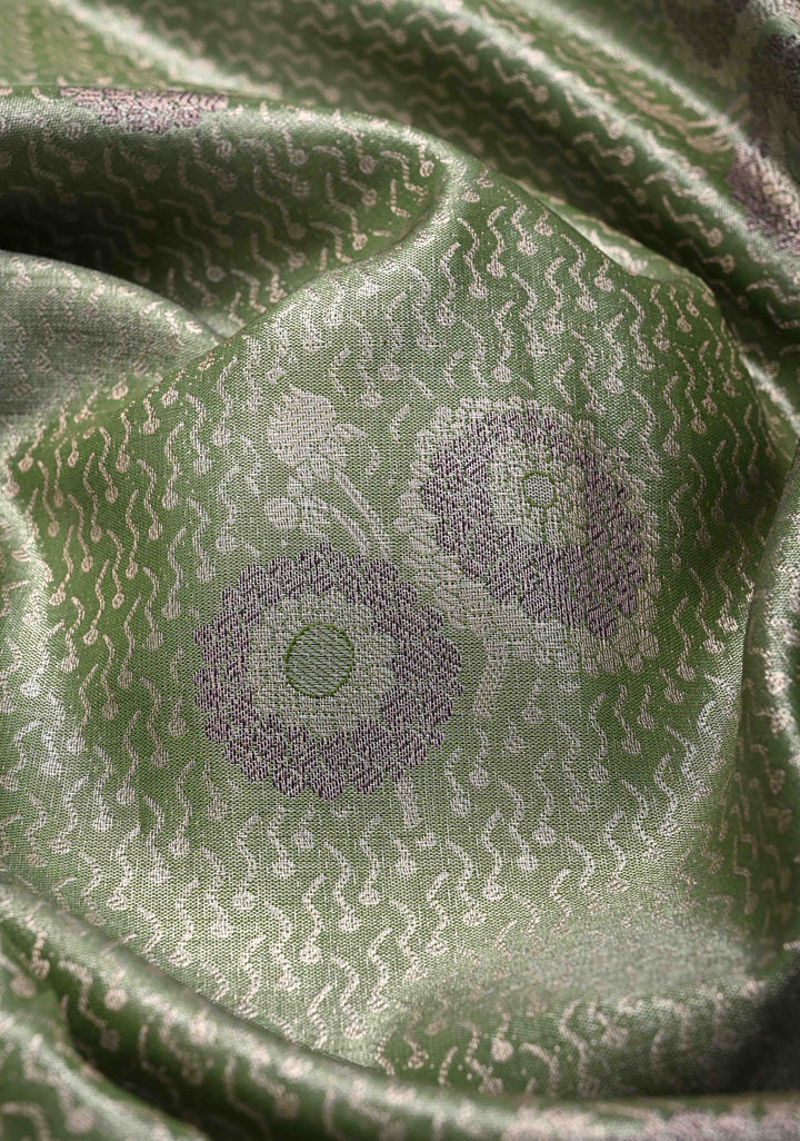 Fern Green Meenakari Kanjivaram Brocade Tissue Semi Silk Saree with Contrast Zari Border