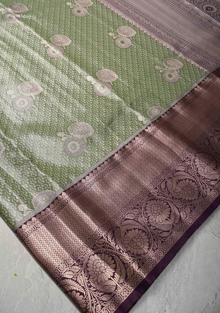 Fern Green Meenakari Kanjivaram Brocade Tissue Semi Silk Saree with Contrast Zari Border
