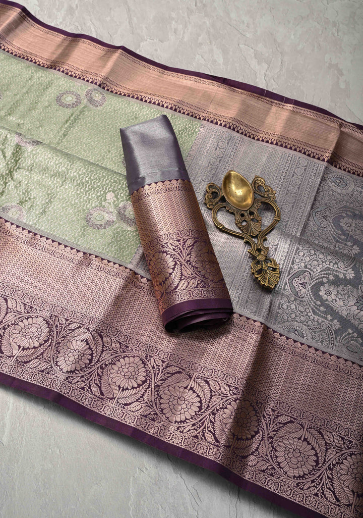 Fern Green Meenakari Kanjivaram Brocade Tissue Semi Silk Saree with Contrast Zari Border