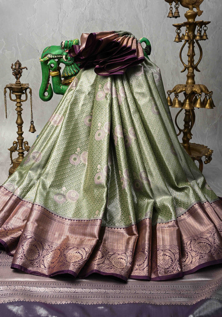 Fern Green Meenakari Kanjivaram Brocade Tissue Semi Silk Saree with Contrast Zari Border