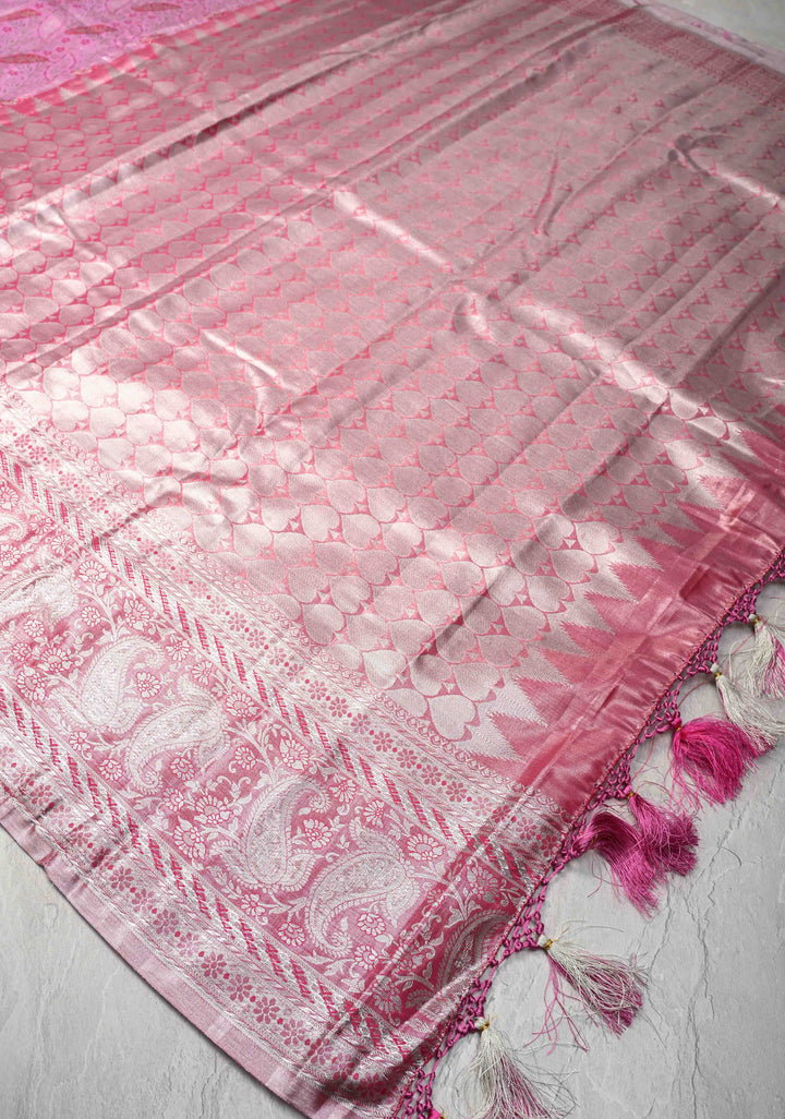 Pink Kanjivaram Tissue Semi Silk Saree with Meenakari Floral Jaal and Contrast Zari Border