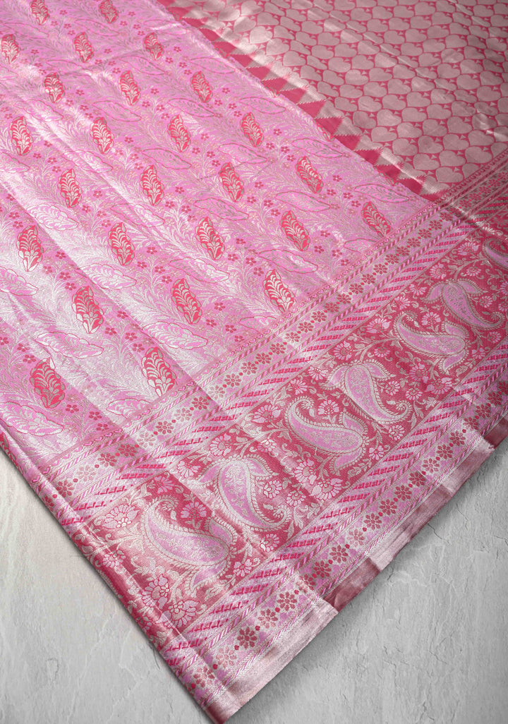 Pink Kanjivaram Tissue Semi Silk Saree with Meenakari Floral Jaal and Contrast Zari Border