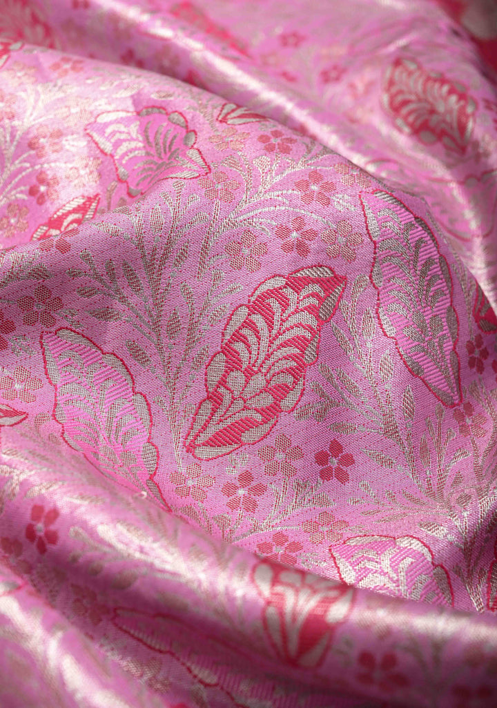 Pink Kanjivaram Tissue Semi Silk Saree with Meenakari Floral Jaal and Contrast Zari Border