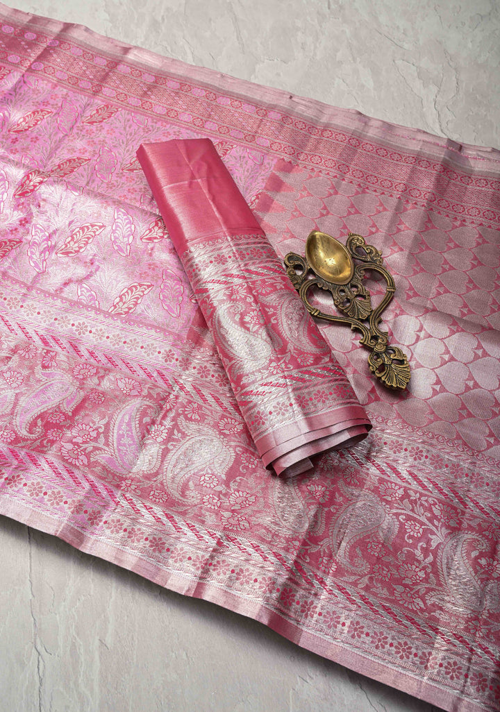 Pink Kanjivaram Tissue Semi Silk Saree with Meenakari Floral Jaal and Contrast Zari Border