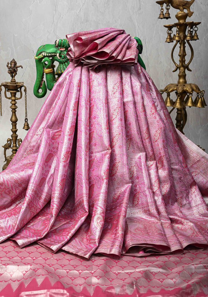 Pink Kanjivaram Tissue Semi Silk Saree with Meenakari Floral Jaal and Contrast Zari Border
