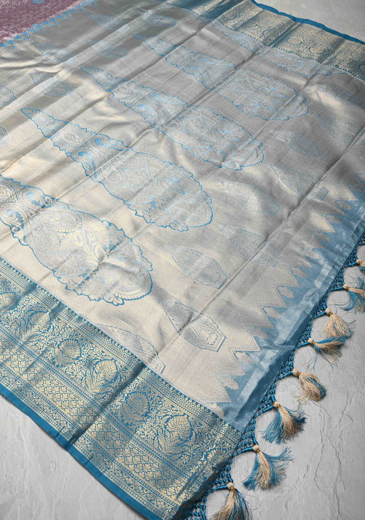 Plum Kanjivaram Tissue Semi Silk Saree with Floral Meenakari Brocade and Contrast Zari Border