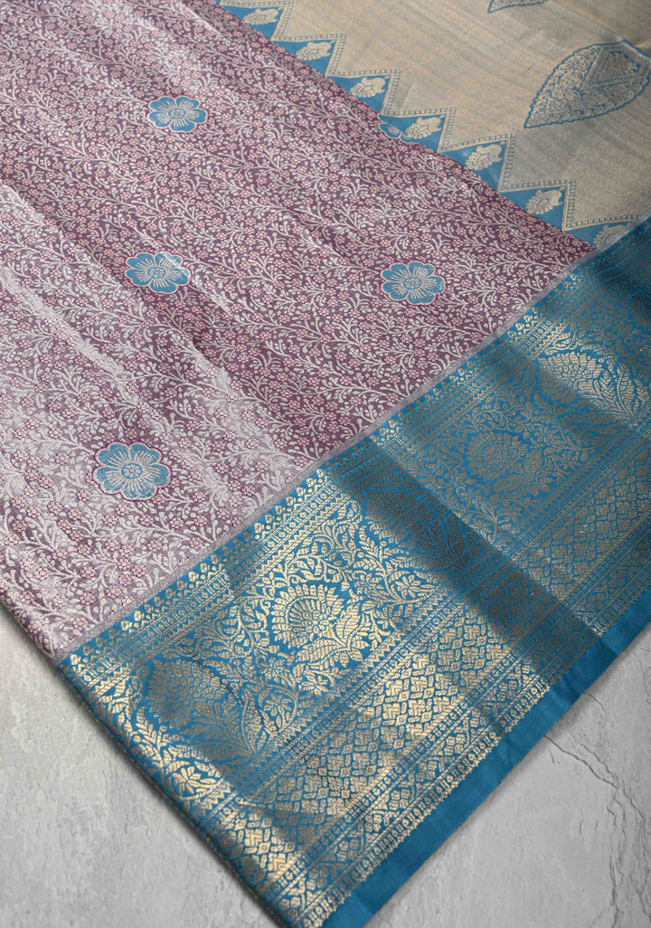 Plum Kanjivaram Tissue Semi Silk Saree with Floral Meenakari Brocade and Contrast Zari Border