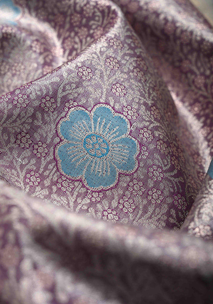 Plum Kanjivaram Tissue Semi Silk Saree with Floral Meenakari Brocade and Contrast Zari Border