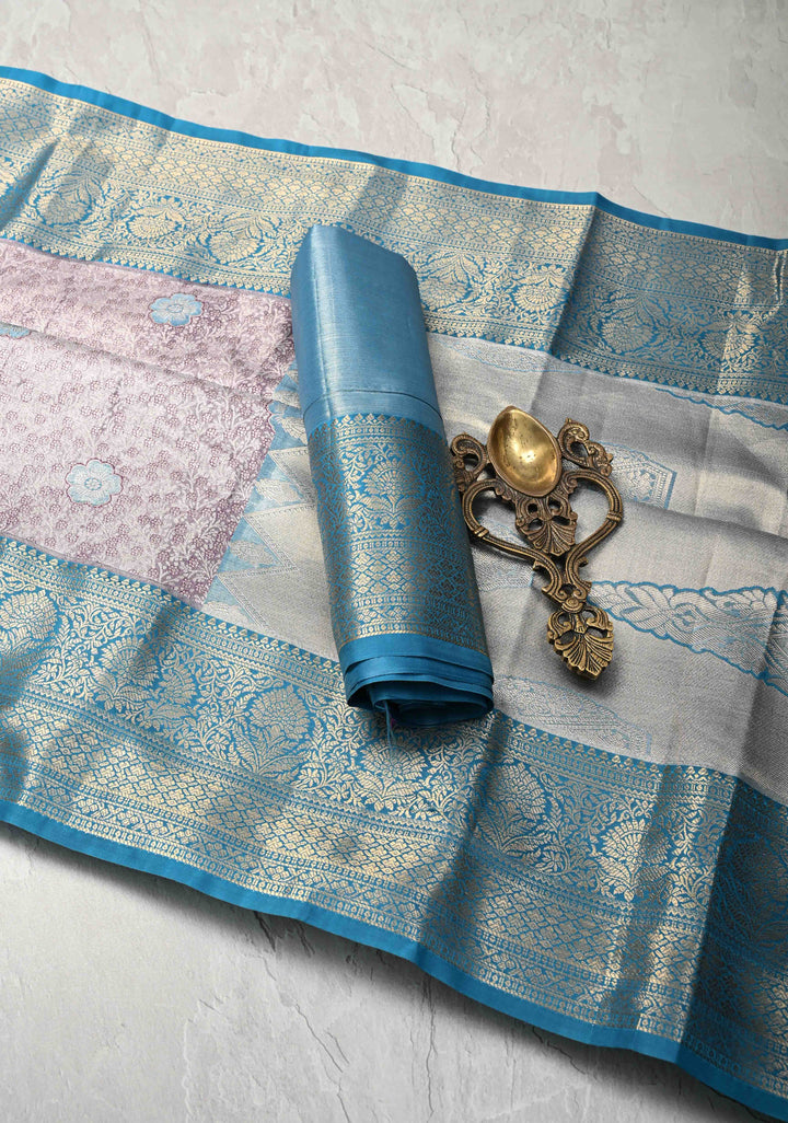 Plum Kanjivaram Tissue Semi Silk Saree with Floral Meenakari Brocade and Contrast Zari Border