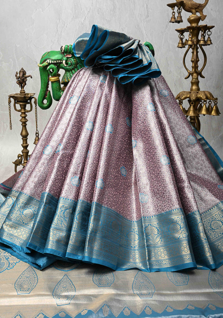 Plum Kanjivaram Tissue Semi Silk Saree with Floral Meenakari Brocade and Contrast Zari Border