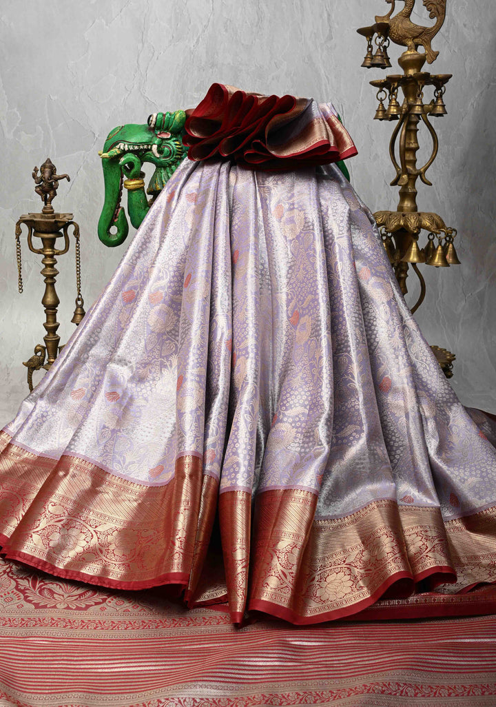 Dusty Liilac Kanjivaram Tissue Semi Silk Saree with Meenakari Brocade and Contrast Zari Border