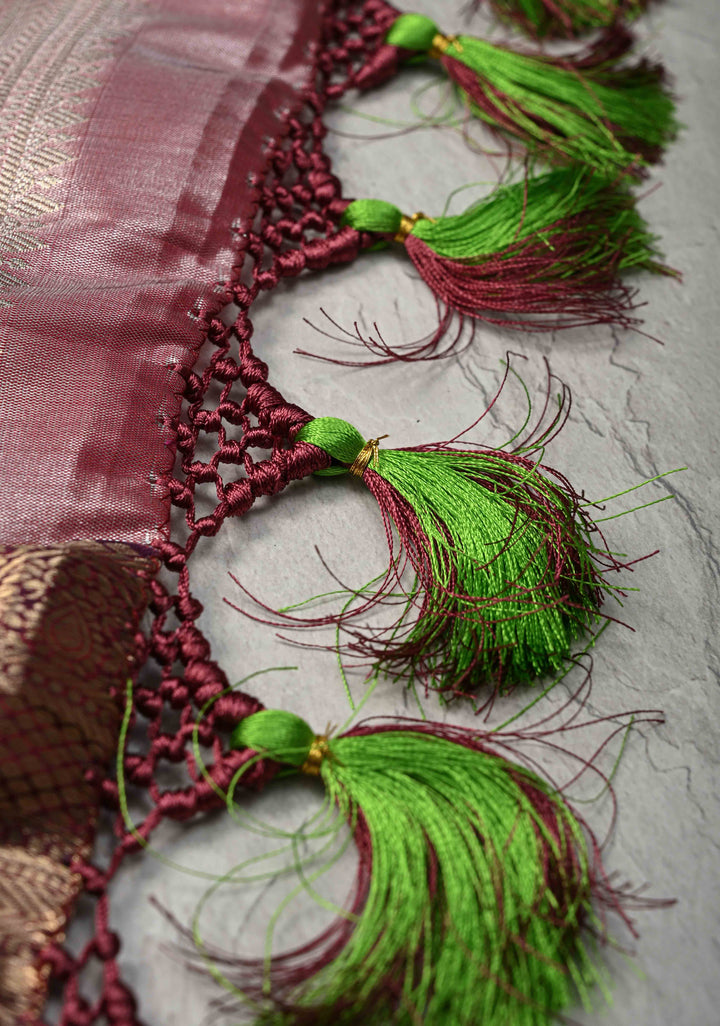 Kelly Green Kanjivaram Tissue Semi Silk Saree with Meenakari Brocade and Contrast Zari Border