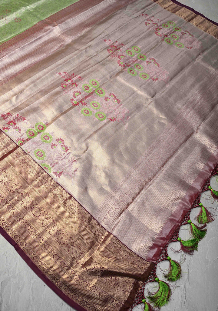 Kelly Green Kanjivaram Tissue Semi Silk Saree with Meenakari Brocade and Contrast Zari Border