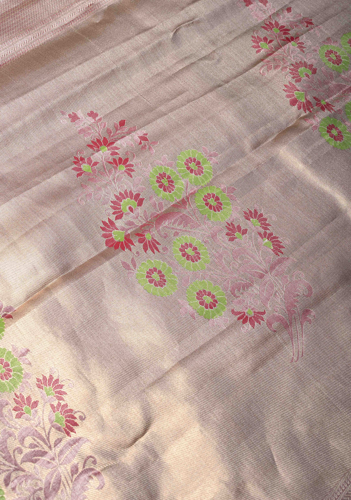 Kelly Green Kanjivaram Tissue Semi Silk Saree with Meenakari Brocade and Contrast Zari Border