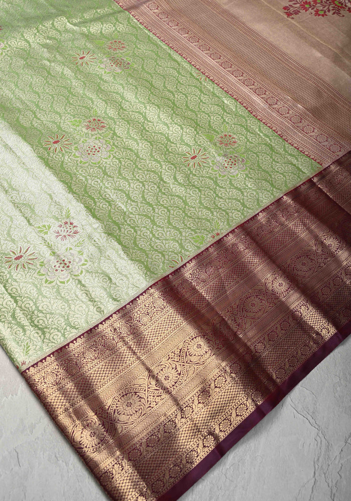Kelly Green Kanjivaram Tissue Semi Silk Saree with Meenakari Brocade and Contrast Zari Border