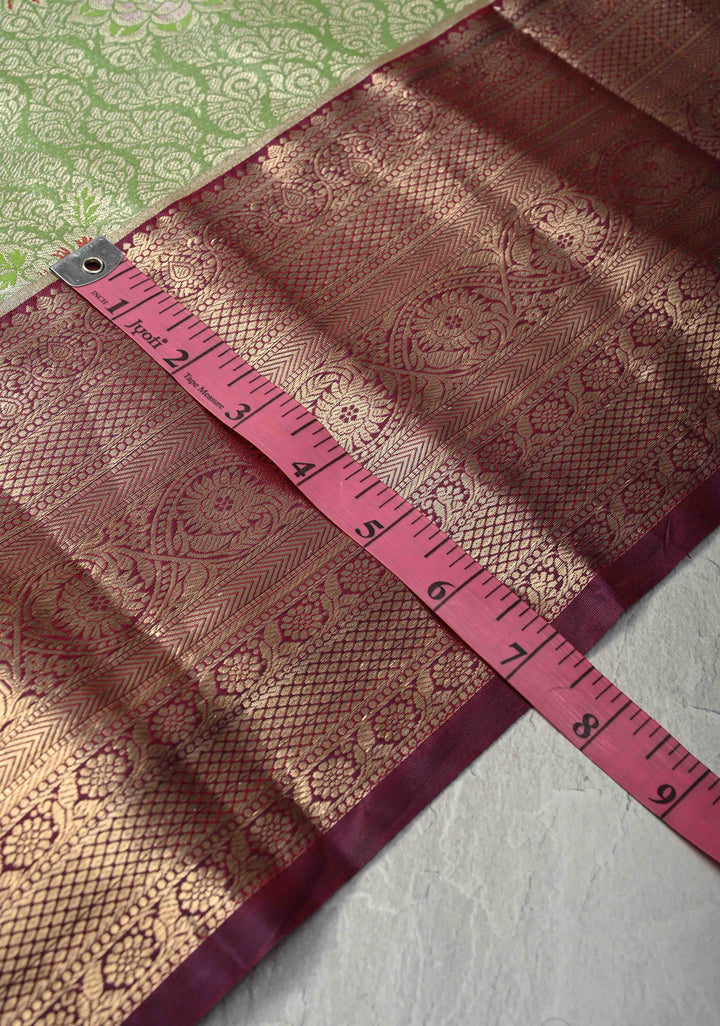 Kelly Green Kanjivaram Tissue Semi Silk Saree with Meenakari Brocade and Contrast Zari Border