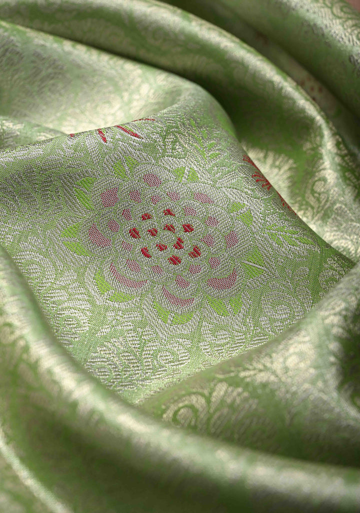 Kelly Green Kanjivaram Tissue Semi Silk Saree with Meenakari Brocade and Contrast Zari Border