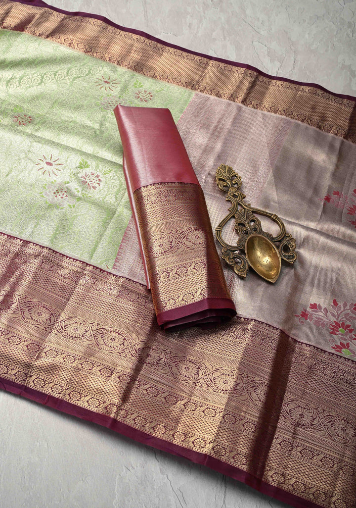 Kelly Green Kanjivaram Tissue Semi Silk Saree with Meenakari Brocade and Contrast Zari Border