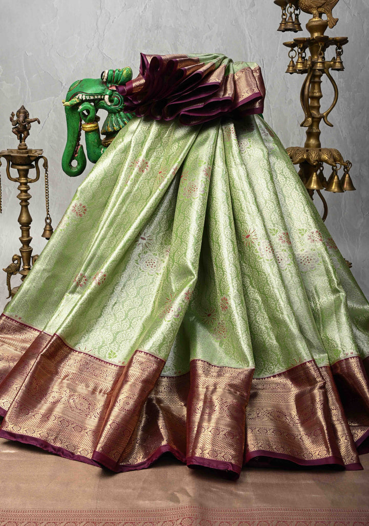 Kelly Green Kanjivaram Tissue Semi Silk Saree with Meenakari Brocade and Contrast Zari Border