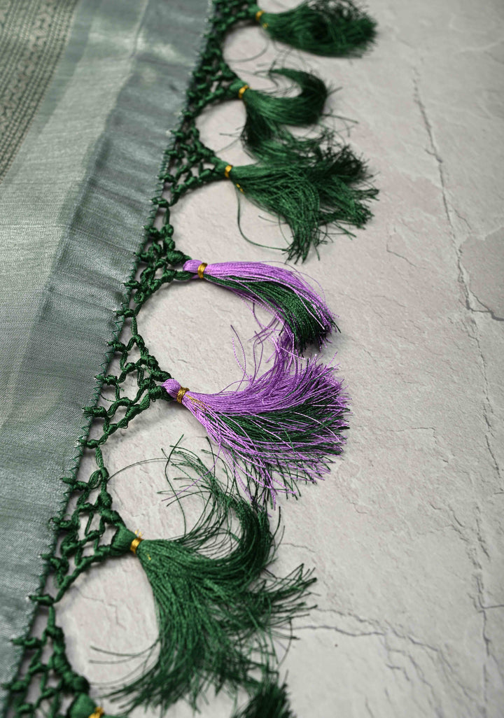 Lilac Meenakari on Kanjivaram Tissue Semi Silk Saree with Stripes Pattern and Contrast Zari Border