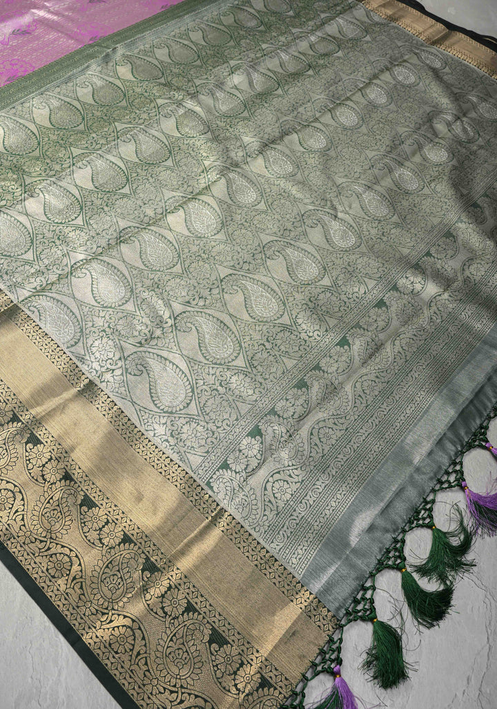 Lilac Meenakari on Kanjivaram Tissue Semi Silk Saree with Stripes Pattern and Contrast Zari Border