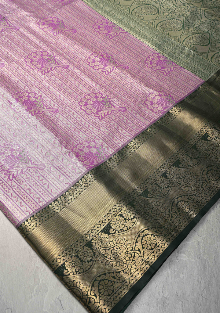Lilac Meenakari on Kanjivaram Tissue Semi Silk Saree with Stripes Pattern and Contrast Zari Border