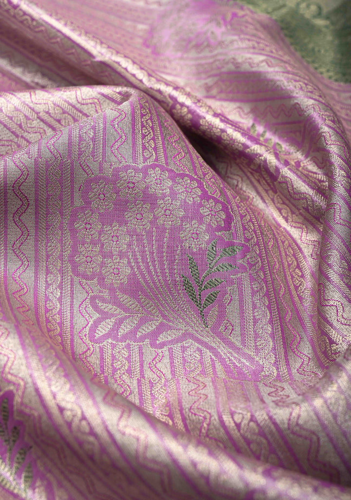 Lilac Meenakari on Kanjivaram Tissue Semi Silk Saree with Stripes Pattern and Contrast Zari Border