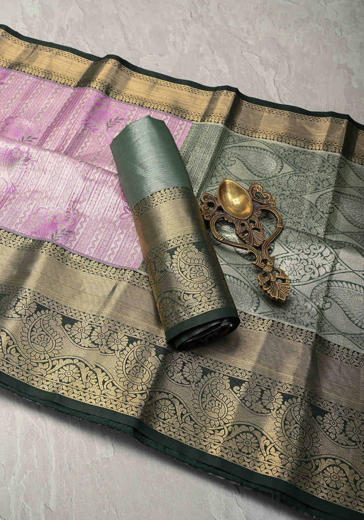 Lilac Meenakari on Kanjivaram Tissue Semi Silk Saree with Stripes Pattern and Contrast Zari Border
