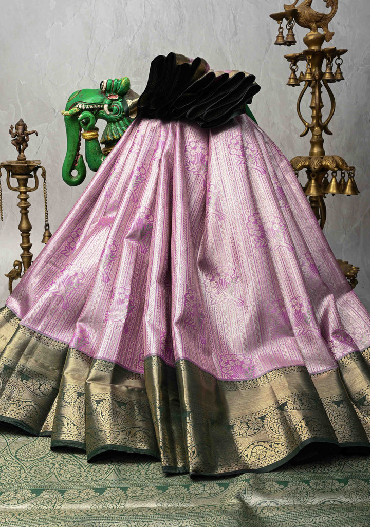 Lilac Meenakari on Kanjivaram Tissue Semi Silk Saree with Stripes Pattern and Contrast Zari Border