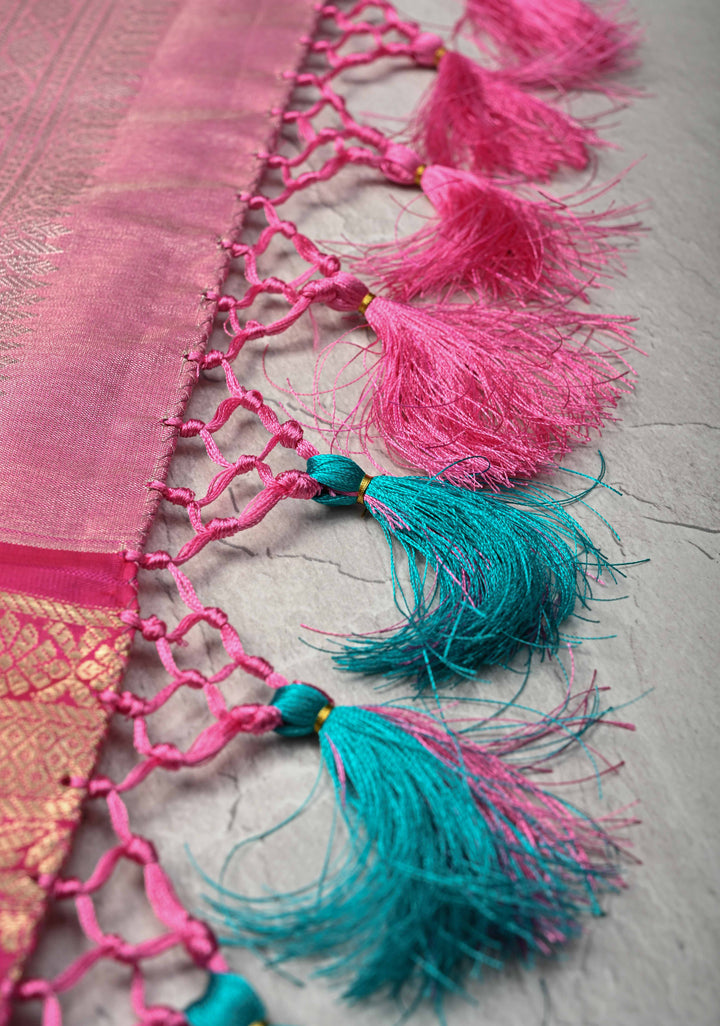 Green Brocade on Kanjivaram Tissue Semi Silk Saree with Meenakari Buttas and Contrast Zari Border