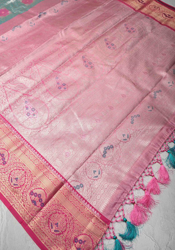 Green Brocade on Kanjivaram Tissue Semi Silk Saree with Meenakari Buttas and Contrast Zari Border