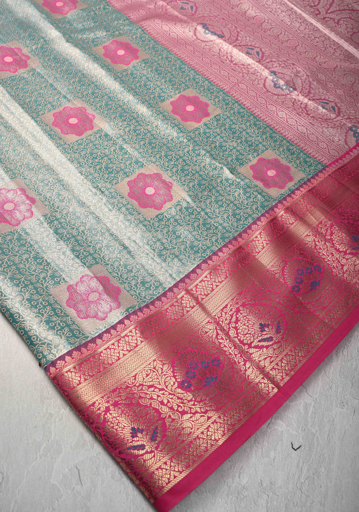 Green Brocade on Kanjivaram Tissue Semi Silk Saree with Meenakari Buttas and Contrast Zari Border