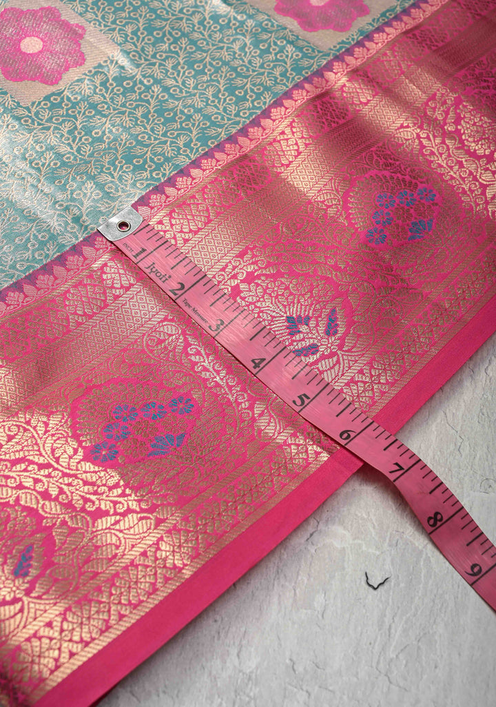 Green Brocade on Kanjivaram Tissue Semi Silk Saree with Meenakari Buttas and Contrast Zari Border