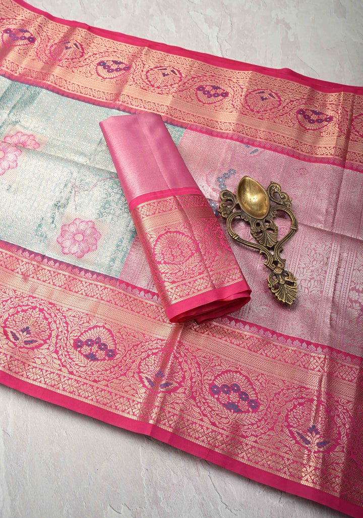 Green Brocade on Kanjivaram Tissue Semi Silk Saree with Meenakari Buttas and Contrast Zari Border