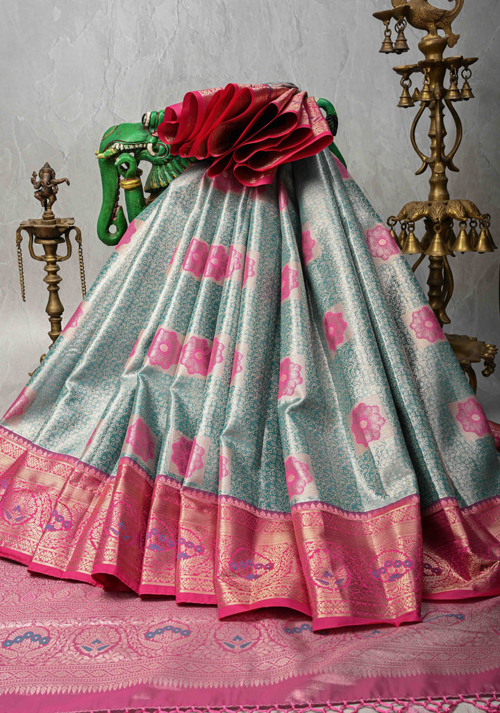 Green Brocade on Kanjivaram Tissue Semi Silk Saree with Meenakari Buttas and Contrast Zari Border